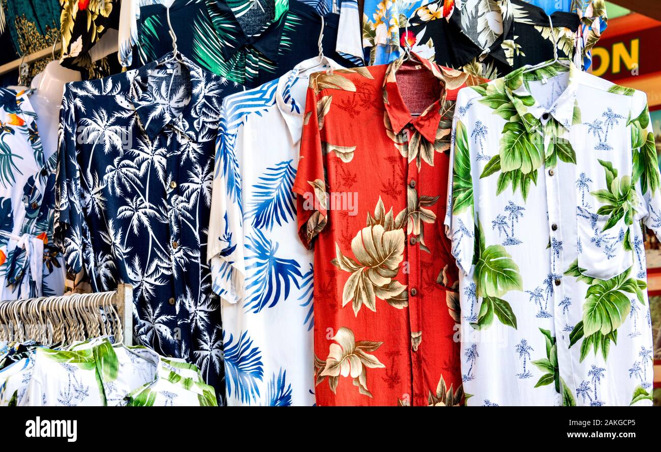 Colourful tropical shirts for sale Hoi An Vietnam Stock Photo