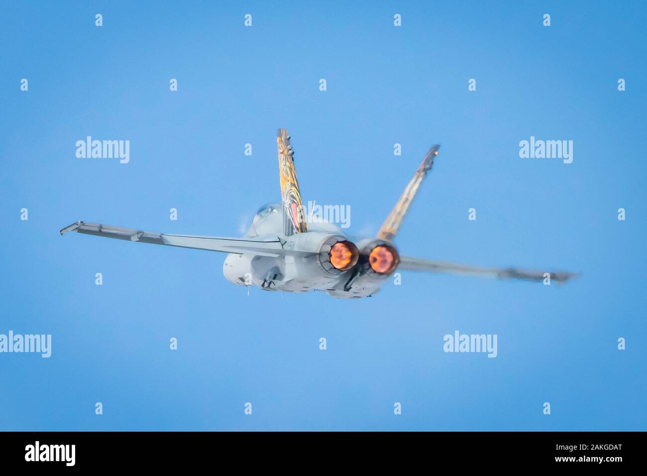 Fairford, Gloucestershire, UK - July 20th, 2019: Swiss Air Force Mcdonnell Douglas F/A-18 Hornet performing its Aerobatic Display at Fairford Internat Stock Photo