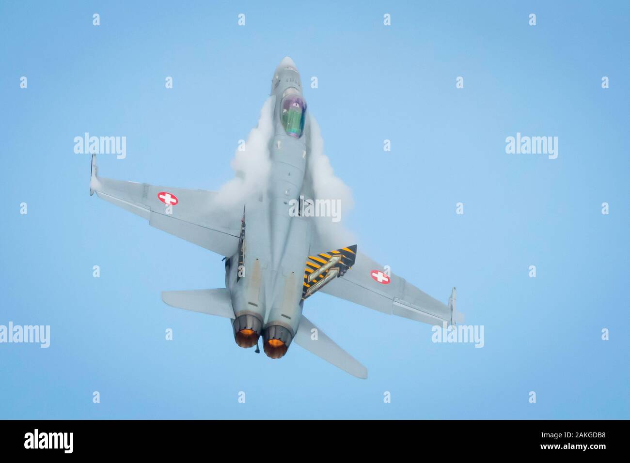 Fairford, Gloucestershire, UK - July 20th, 2019: Swiss Air Force Mcdonnell Douglas F/A-18 Hornet performing its Aerobatic Display at Fairford Internat Stock Photo