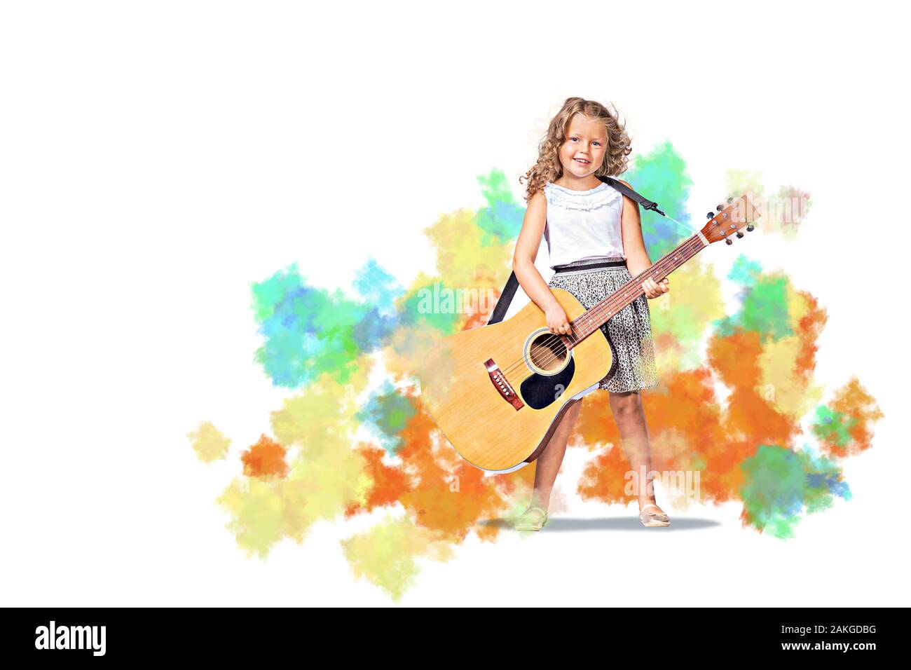 portrait of young girl with a guitar on the stage Stock Photo