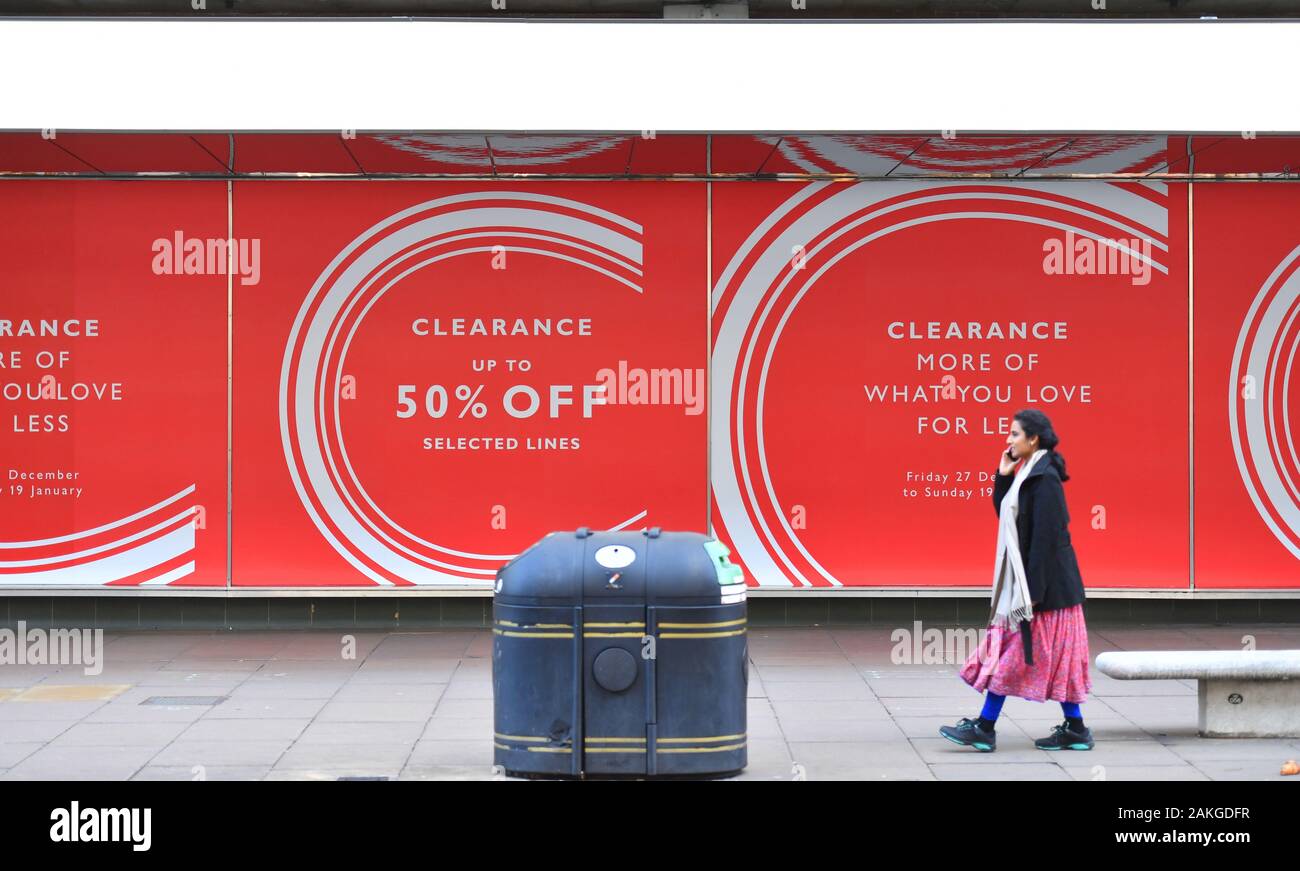 Oxford Street, London, UK. 9th January 2020. People pass the window display at John Lewis flagship store on Oxford Street the day that the company announces substantially lower profits and the John Lewis Partnership Managing Director will'stand down'. Credit: Malcolm Park/Alamy. Stock Photo