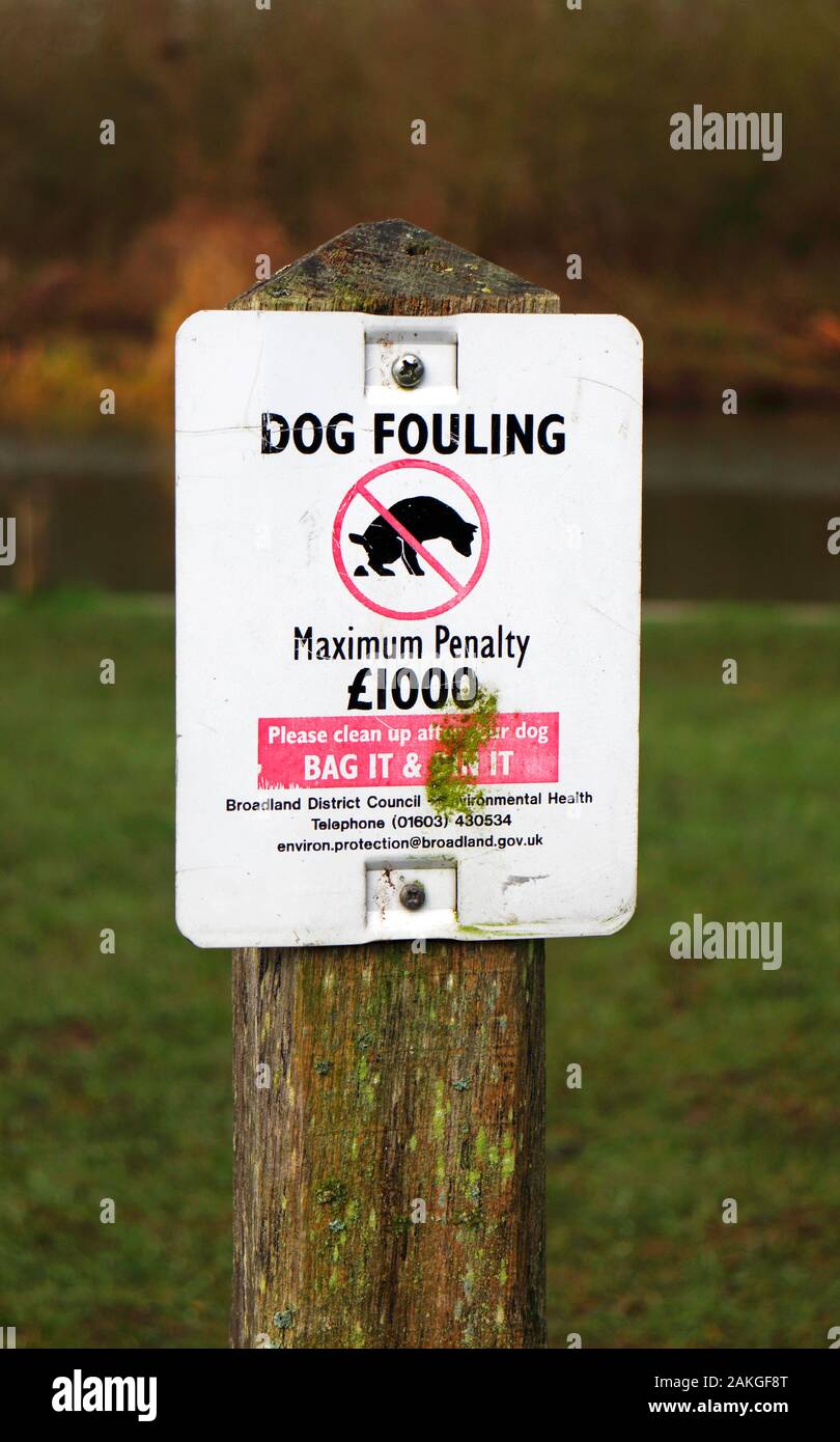 A dog fouling notice issued by Broadland District Council by the Staithe on the Norfolk Broads at Belaugh, Norfolk, England, United Kingdom, Europe. Stock Photo