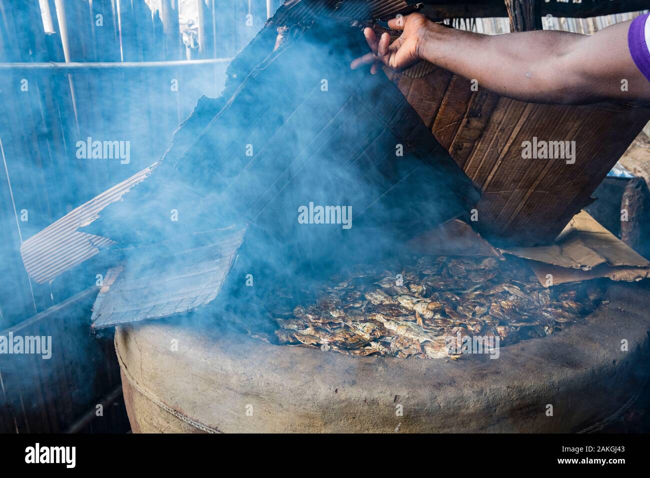 Ivory Coast, Grand Lahou district, Grand Lahou, smoking of fish Stock Photo