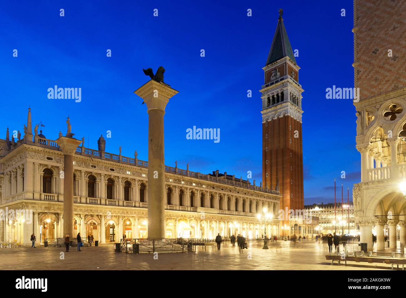 Italy, Veneto, Venice listed as World Heritage by UNESCO, San Marco district, Saint Mark's Square (Piazza San Marco), the Palazzo Ducale (Doge's palace), the two colums headed with Saint Theodore and the Lion of Venice, the libreria building and the bell tower of Saint Mark's basilica (Basilica di San Marco) in the background Stock Photo