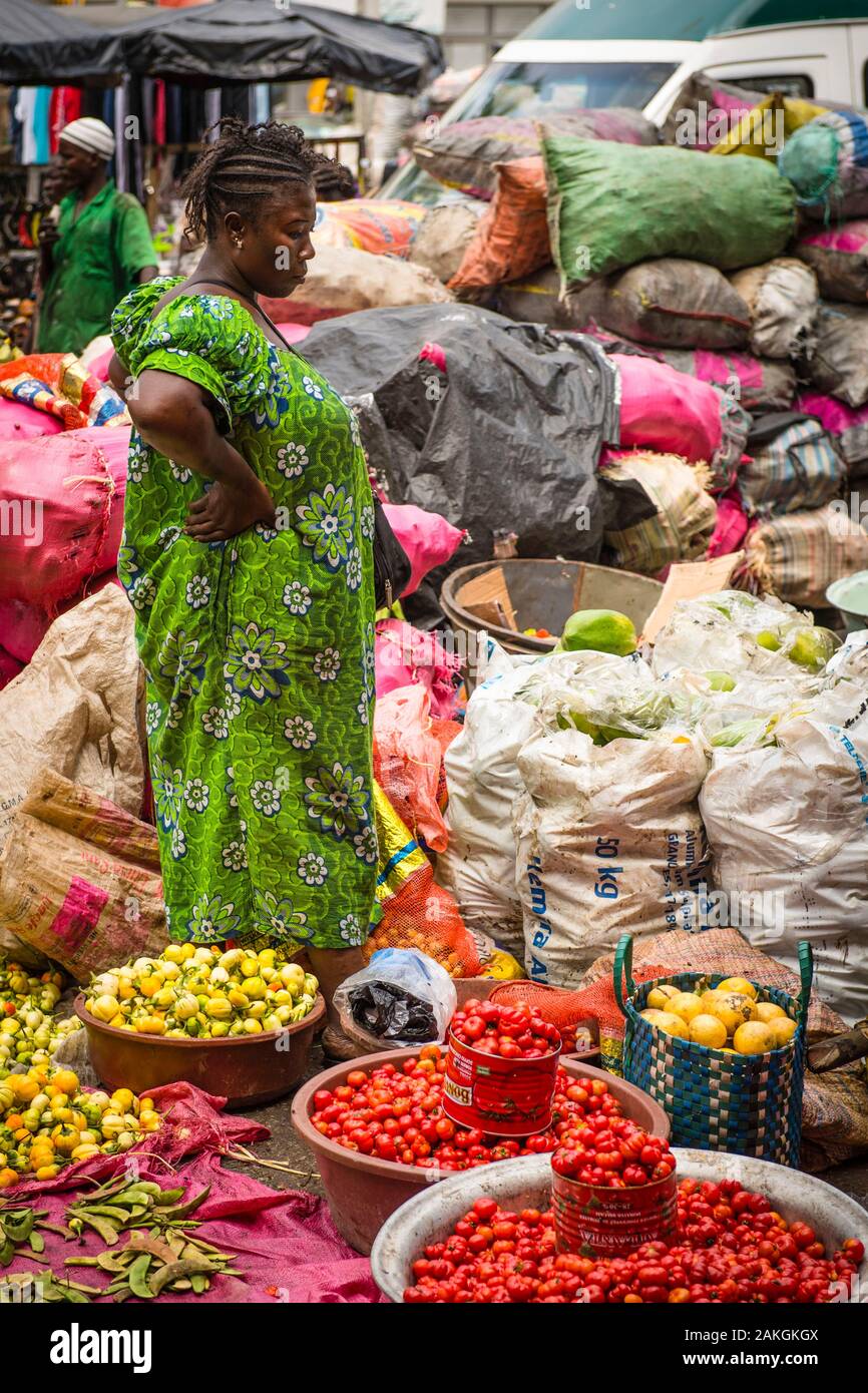 Ivory Coast, Abidjan, Treichville market, vegetable saleswoman Stock