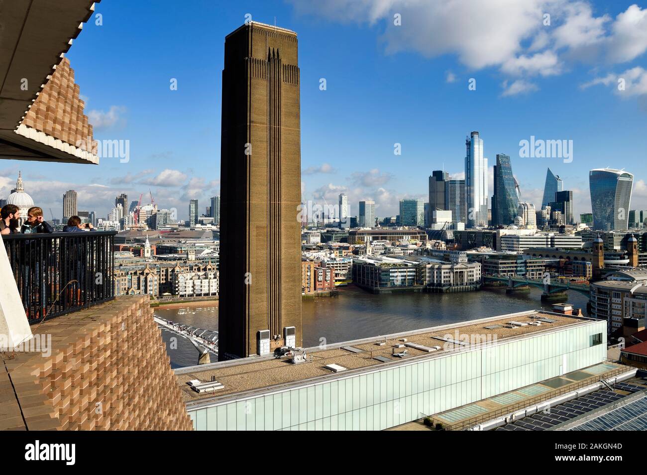 United Kingdom, London, Southwark district, Switch House terrace at the Tate Modern at the edge of the Thames and the skyscrapers of the City with the 20 Fenchurch Street nicknamed the Walkie-Talkie designed by the architect Rafael Vinoly on the right Stock Photo
