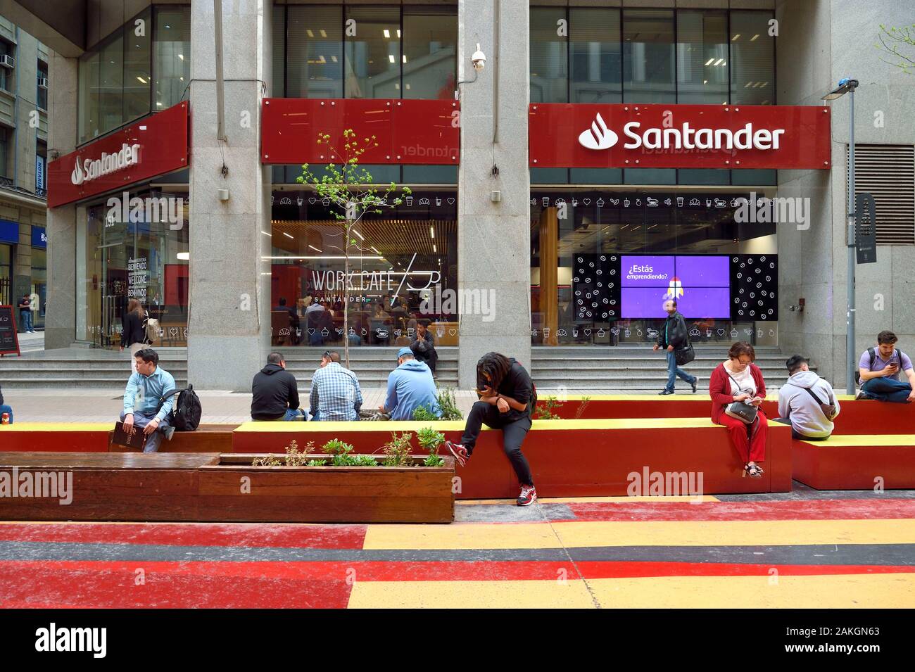 Chile, Santiago de Chile, the Paseo Bandera, recently transformed into a pedestrian street and put in color by the Chilean artist Dasic Fernandez Stock Photo