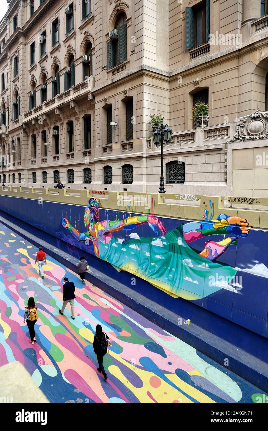 Chile, Santiago de Chile, the Paseo Bandera, recently transformed into a pedestrian street and put in color by the Chilean artist Dasic Fernandez Stock Photo