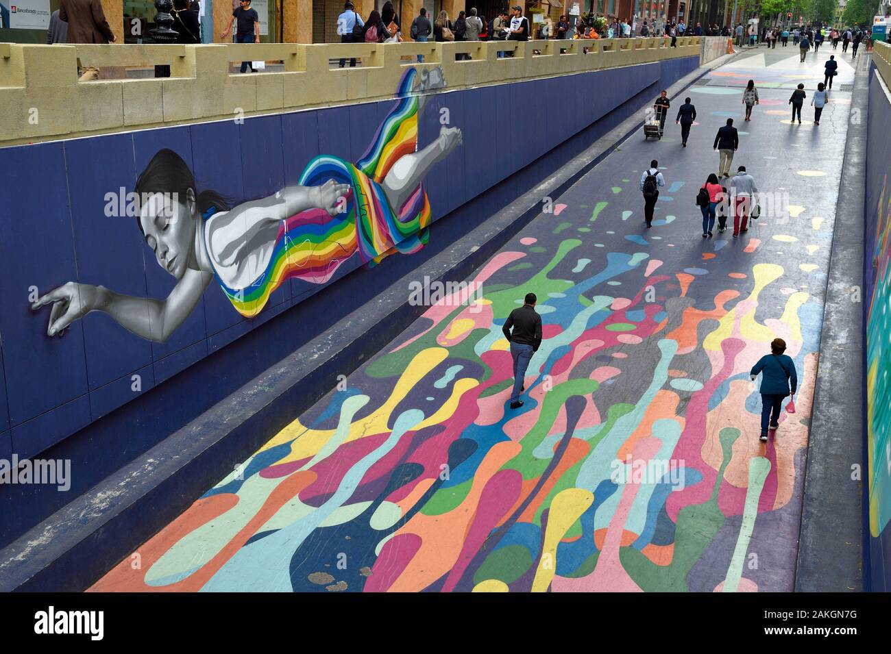 Chile, Santiago de Chile, the Paseo Bandera, recently transformed into a pedestrian street and put in color by the Chilean artist Dasic Fernandez Stock Photo