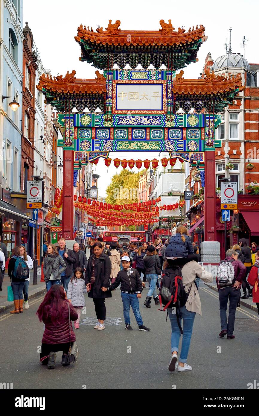 United Kingdom, London, Chinatown Gate in Wardour street Stock Photo