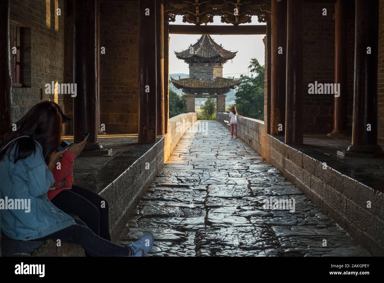 Inside the main pavilion of the ancient Shuanglong Bridge (Twin Dragon Bridge) in Jianshui, Honghe, Yunnan, China. Stock Photo