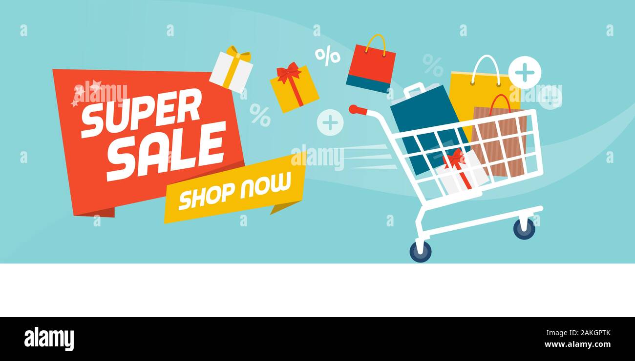 Geef energie escort Belegering Online shopping promotional sale banner: fast shopping cart full of  colorful bags and gifts boxes Stock Vector Image & Art - Alamy