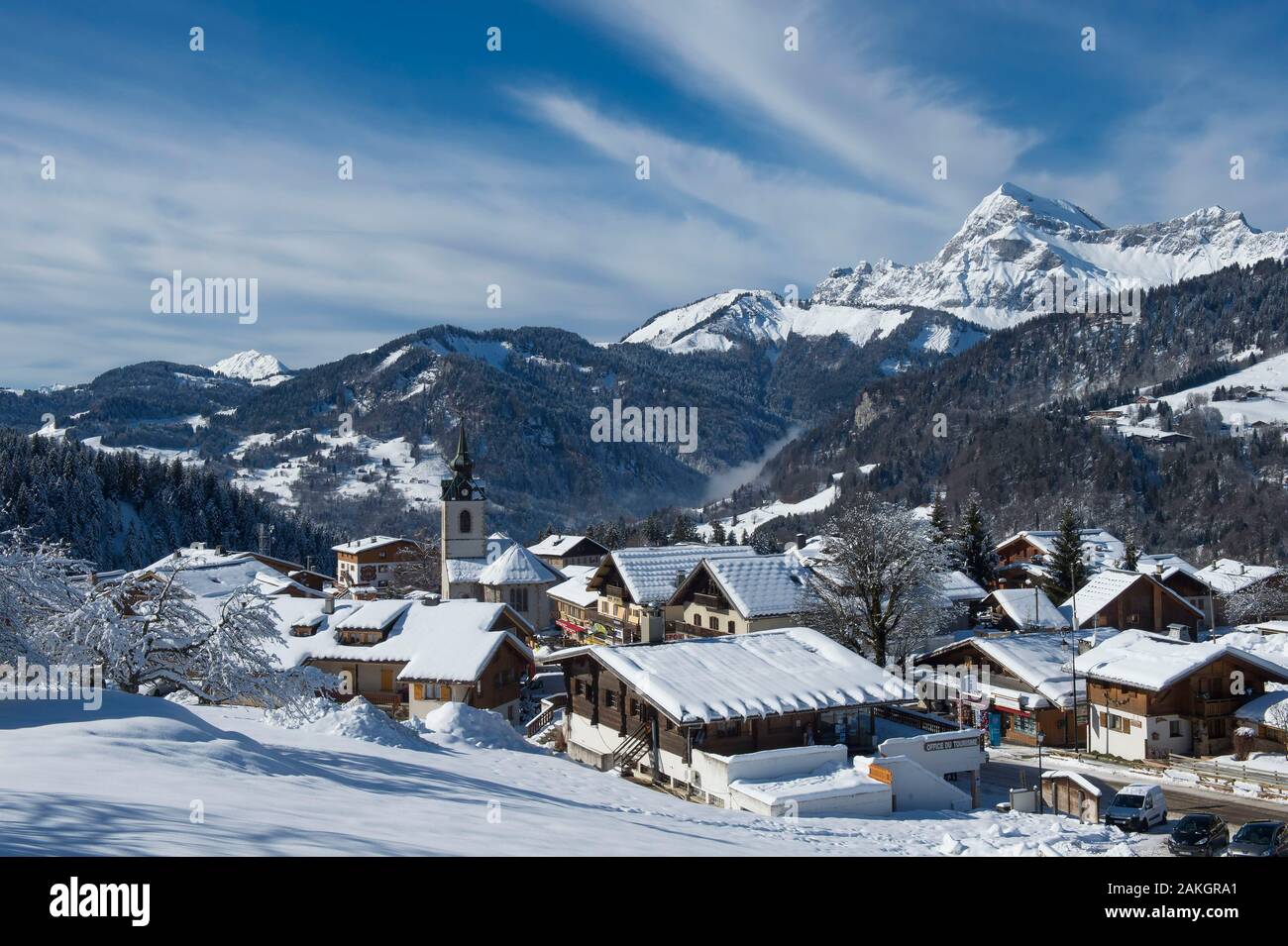 France, Savoie, Val d'Arly the village of Notre Dame de Bellecombe and Mount Charvin Stock Photo