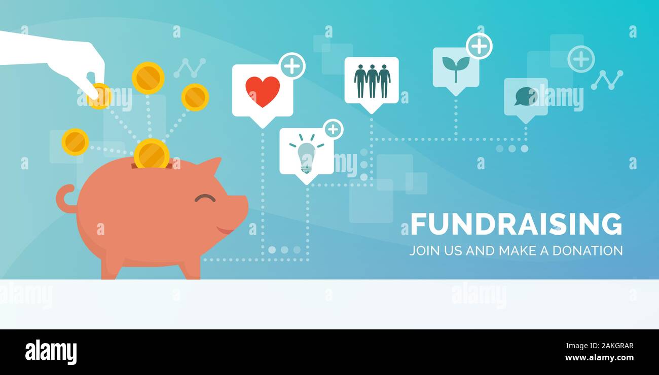 Fundraising promotional advertisement with hand putting a coin in a piggy bank, supporting cause and charity concept Stock Vector