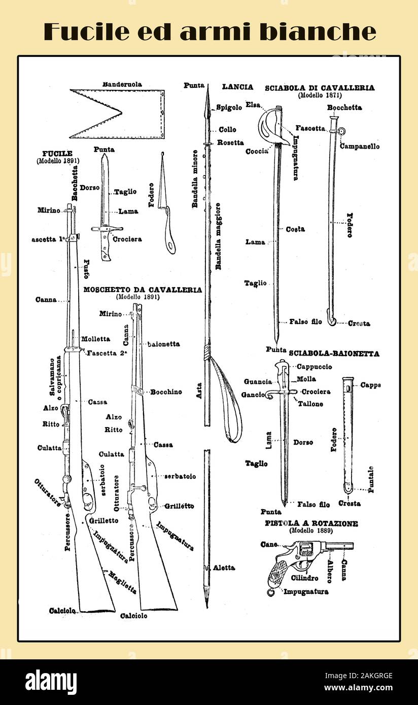 Guns and cold weapon used in 19th century, illustrated  Italian lexicon table with sabers, guns,pistols,bayonets and cavalry muskets Stock Photo