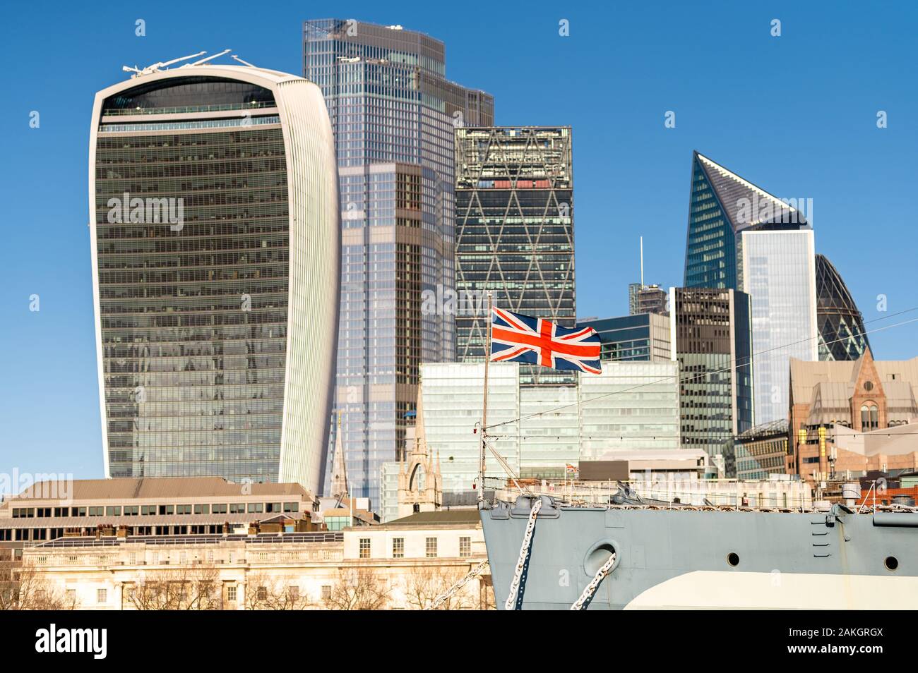 Union flag in front of London skyline, London, UK Stock Photo
