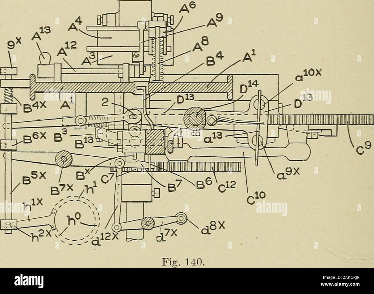 Cyclopedia of textile work : a general reference library on cotton, woolen and worsted yarn manufacture, weaving, designing, chemistry and dyeing, finishing, knitting, and allied subjects . nge from circular to reciprocal knitting is to be made, by a latchW which forms a part of the pattern Vv^heel system, and is carried bythe radius bar h^ (Fig. 141) mounted loosely on the hub h^ of thedisc 6^ fast on the shaft E (see also Fig. 142) having as its bearing theshort sleeve c^ the bar having an attached clamping dog 6*, bearingagainst the outer edge of the disc with sufficient friction to cause t Stock Photo