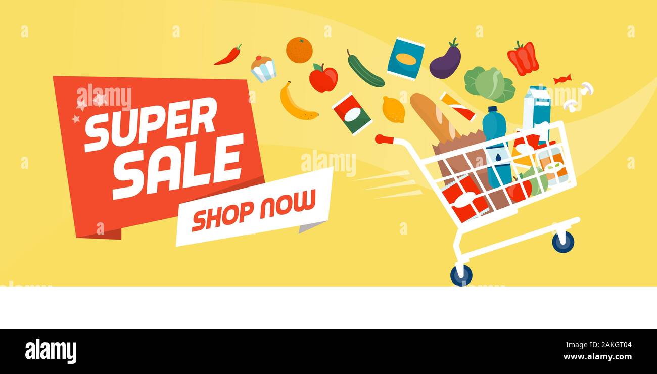 Grocery shopping promotional sale banner fast shopping cart full of
