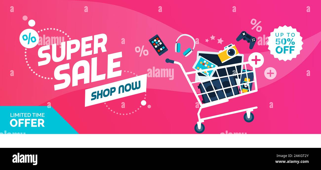 Electronics and devices promotional sale banner with full shopping cart, technology and online shopping concept Stock Vector
