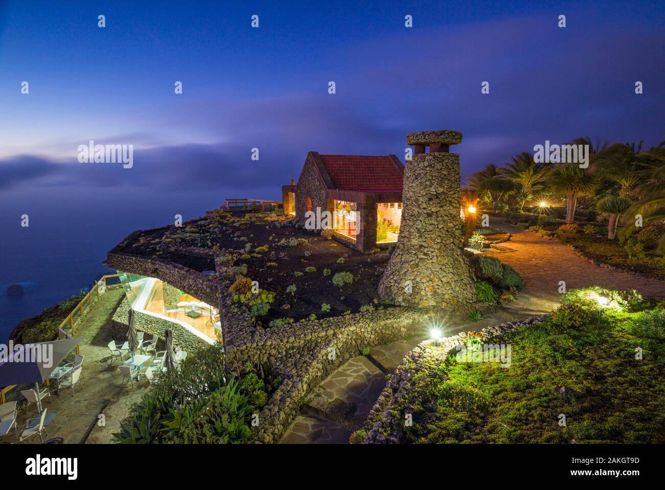 Spain, Canary Islands, El Hierro Island, Guarazoca, Mirador de la Pena, viewing area and restaurant designed by famed artist Cesar Manrique, dusk Stock Photo