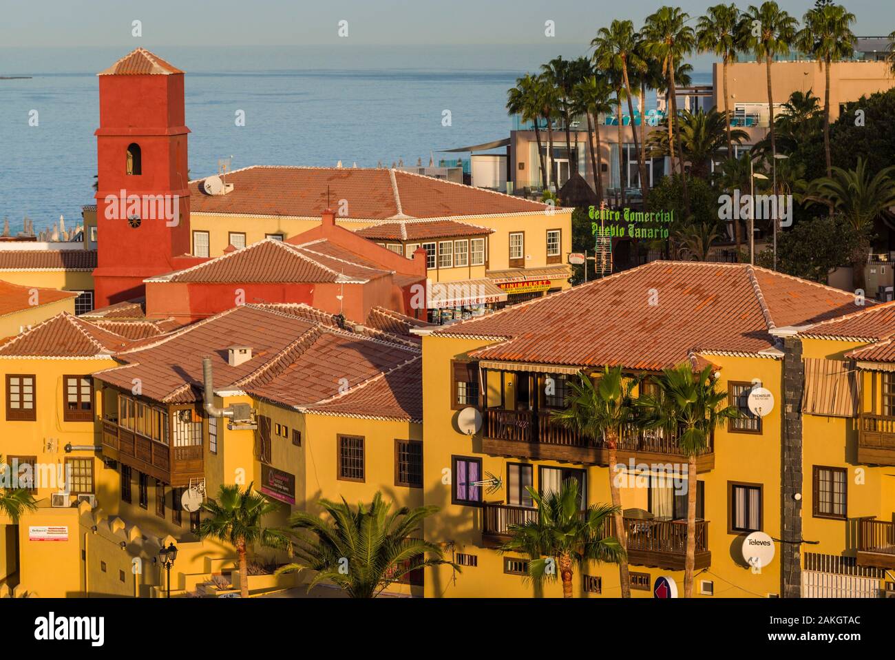 Spain, Canary Islands, Tenerife Island, Playa de Las Americas, elevated view of resort area, dawn Stock Photo
