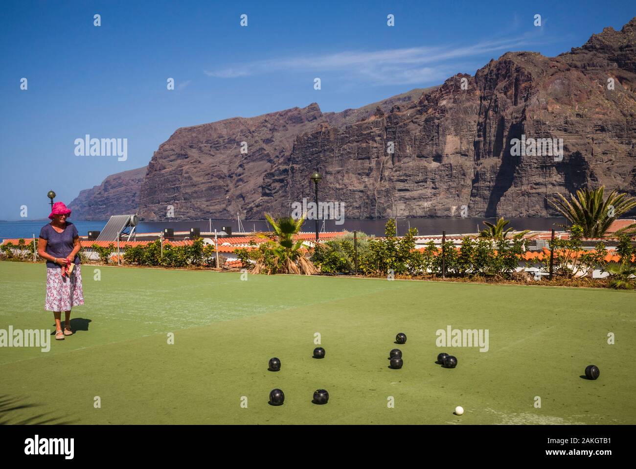 Spain, Canary Islands, Tenerife Island, Los Gigantes, lawn bowling with players Stock Photo