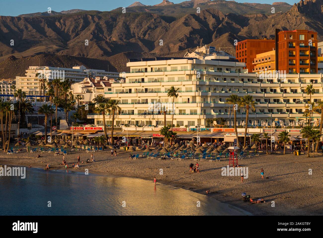 Spain, Canary Islands, Tenerife Island, Playa de Las Americas, Puerto Colon, resort view, sunset Stock Photo