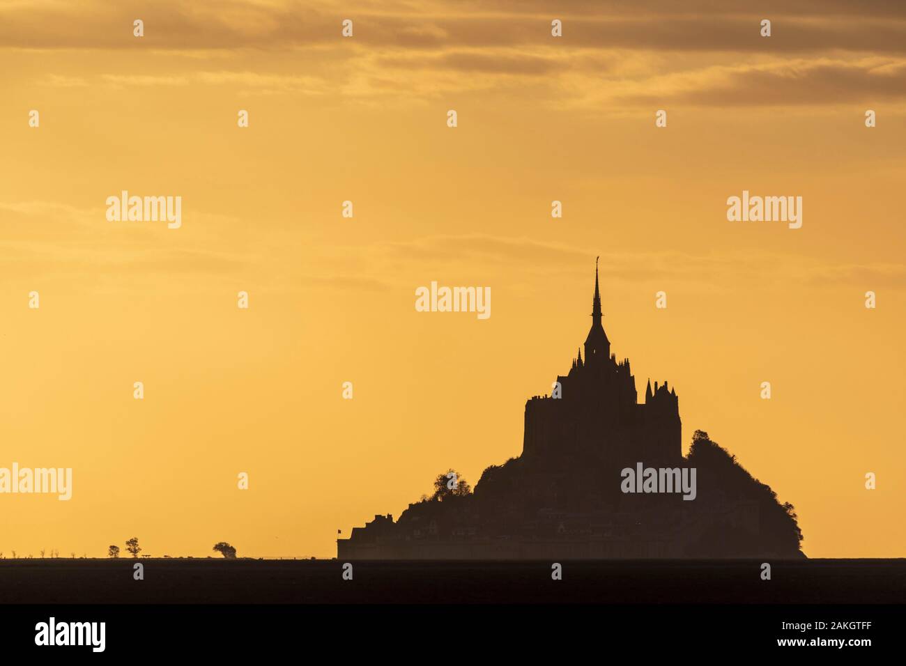 France, Manche (50), Mont Saint-Michel Bay listed as World Heritage by UNESCO, Abbey of Mont Saint-Michel at sunset Stock Photo