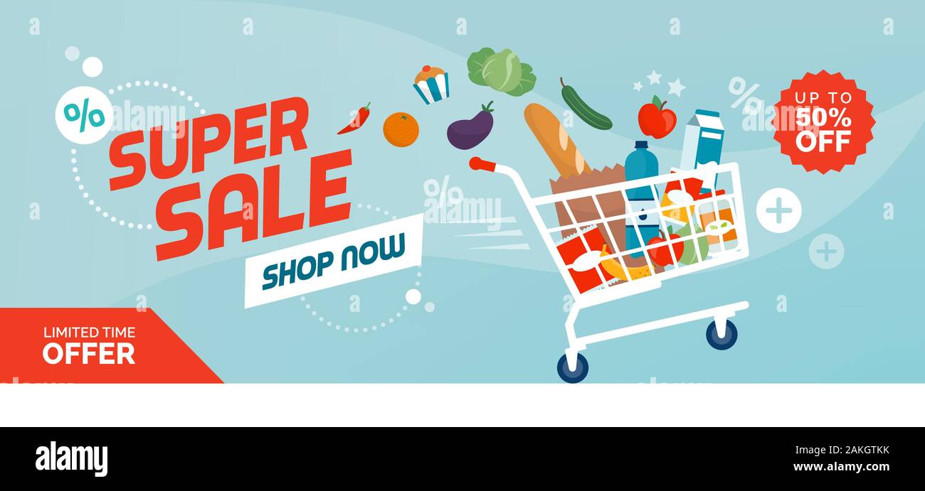 Grocery shopping promotional sale banner: fast shopping cart full of fresh colorful food Stock Vector