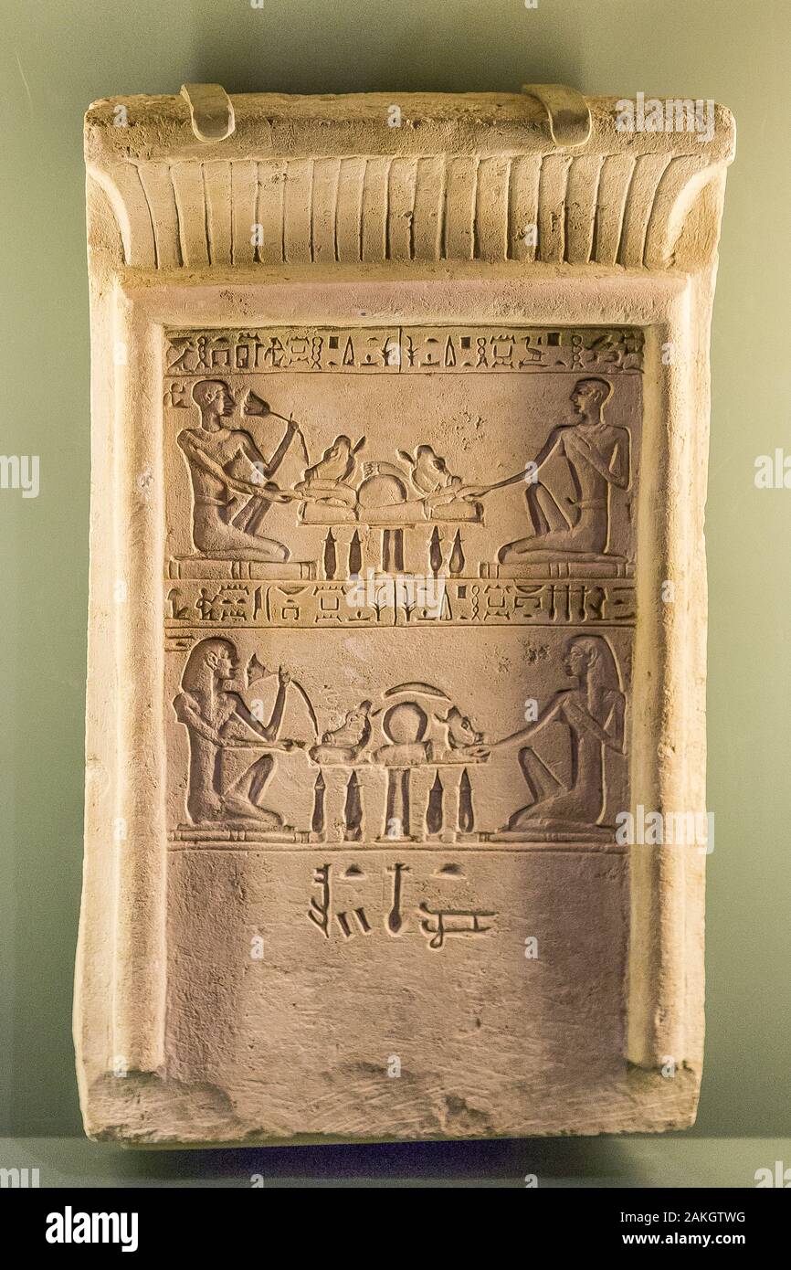 Opening visit of the exhibition 'Sésostris III, pharaon de légende”, Lille, France. A stela with the (rare) signature of the sculptor, Stock Photo