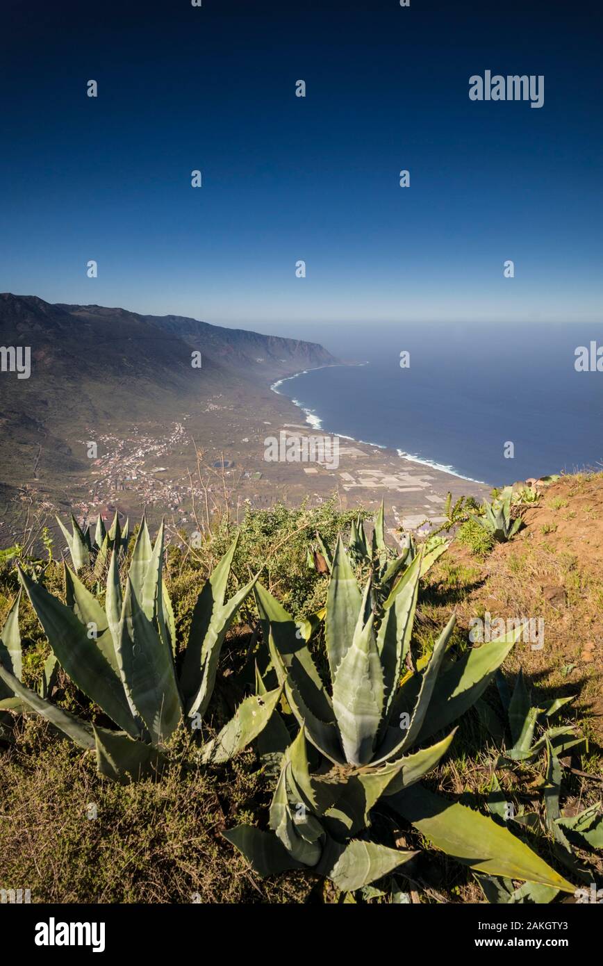 Spain, Canary Islands, El Hierro Island, elevated view of volcano caldera and Tigaday town from Mirador de Jinama Stock Photo