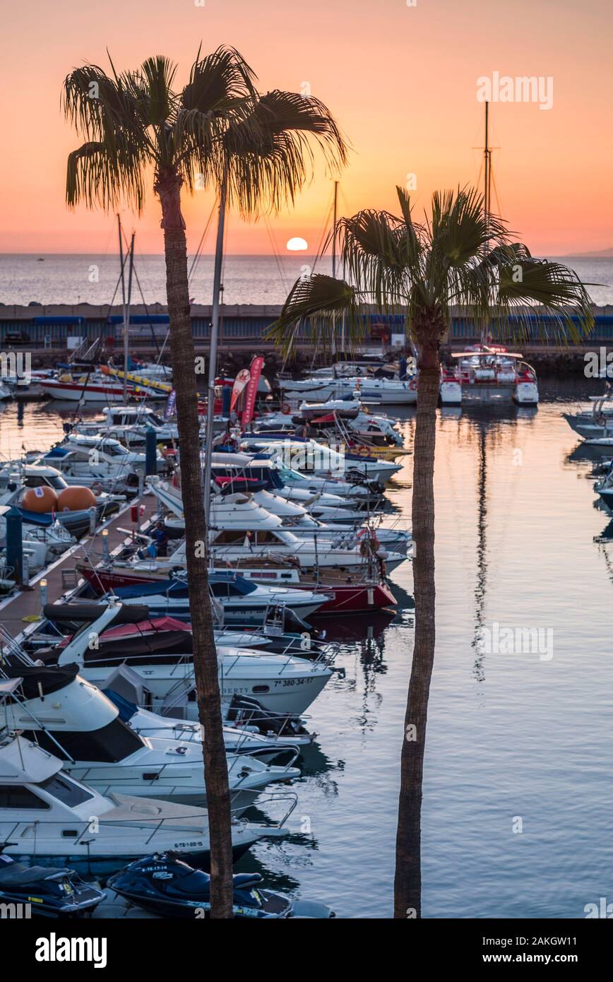 Spain, Canary Islands, Tenerife Island, Playa de Las Americas, Puerto Colon, marina view, sunset Stock Photo