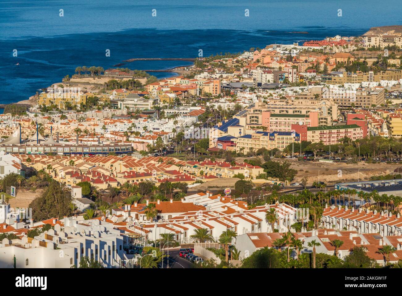 Spain, Canary Islands, Tenerife Island, Playa de Las Americas, elevated view of the resort area, morning Stock Photo
