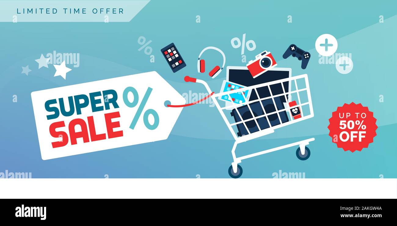 Electronics and devices promotional sale banner with full shopping cart, technology and online shopping concept Stock Vector
