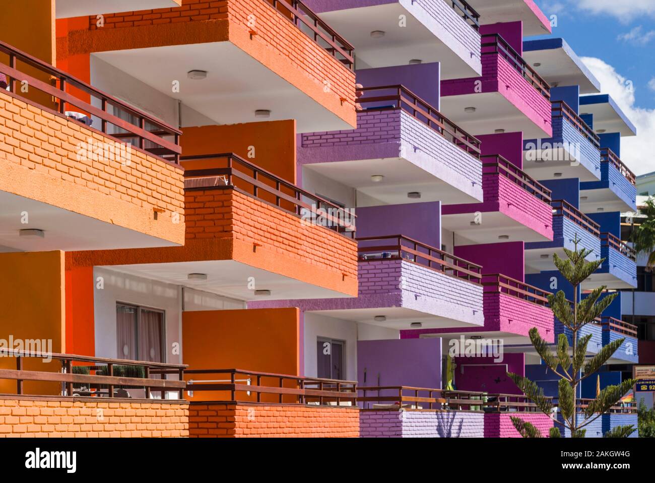 Spain, Canary Islands, Gran Canaria Island, Playa del Ingles, colorful balconies Stock Photo