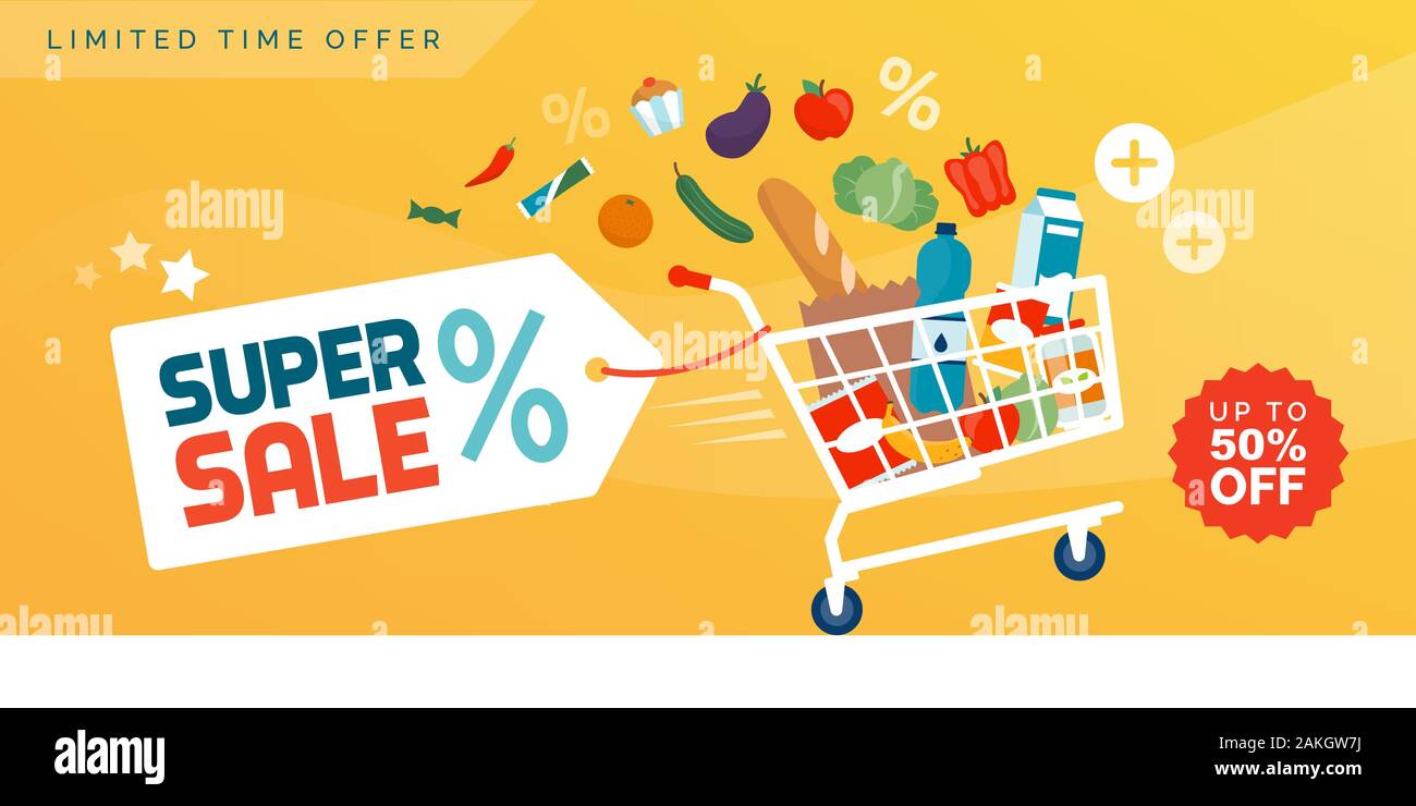 Grocery shopping promotional sale advertisement: fast shopping cart full of fresh colorful food Stock Vector