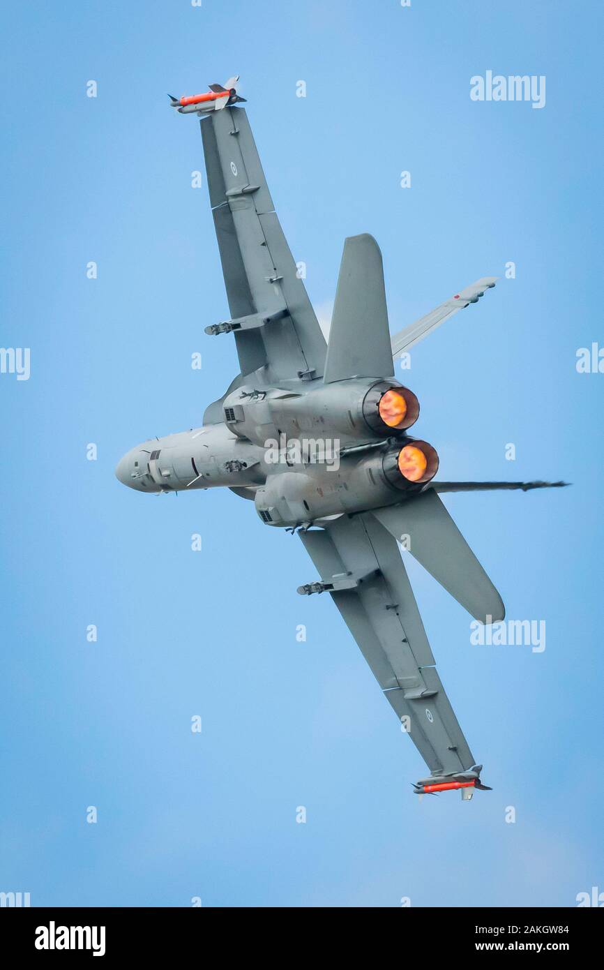 Fairford, Gloucestershire, UK - July 20th, 2019:Finish Air Force Mcdonnell Douglas F/A-18 Hornet performing its Aerobatic Display at Fairford Internat Stock Photo