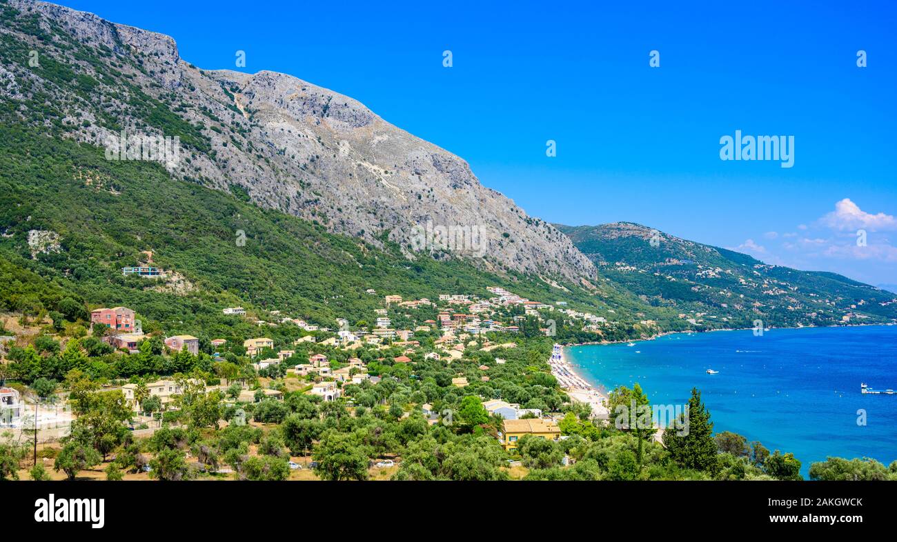 Barbati Beach with crystal clear azure water in beautiful landscape scenery - paradise coastline of Corfu island, Ionian archipelago, Greece. Stock Photo