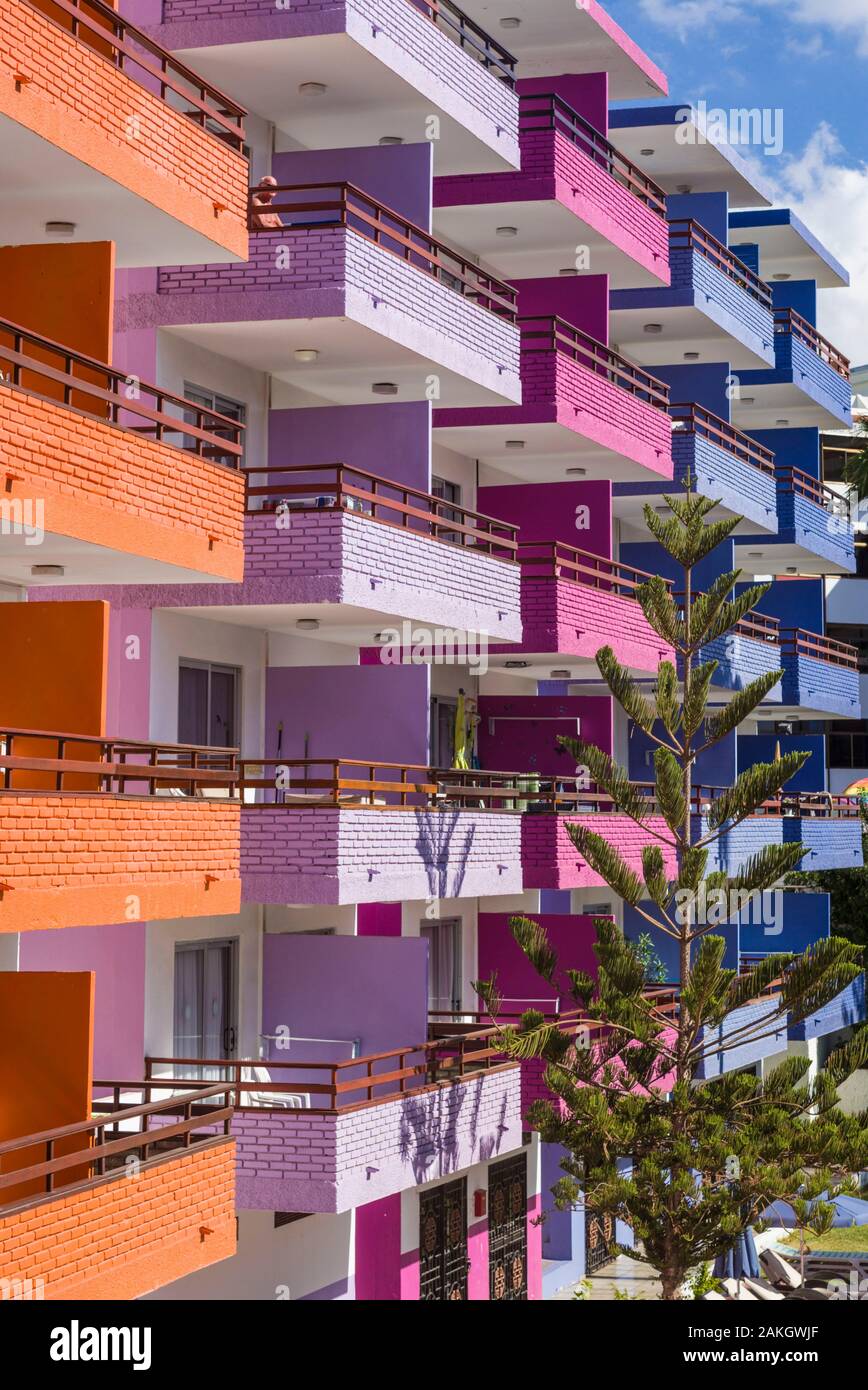 Spain, Canary Islands, Gran Canaria Island, Playa del Ingles, colorful balconies Stock Photo