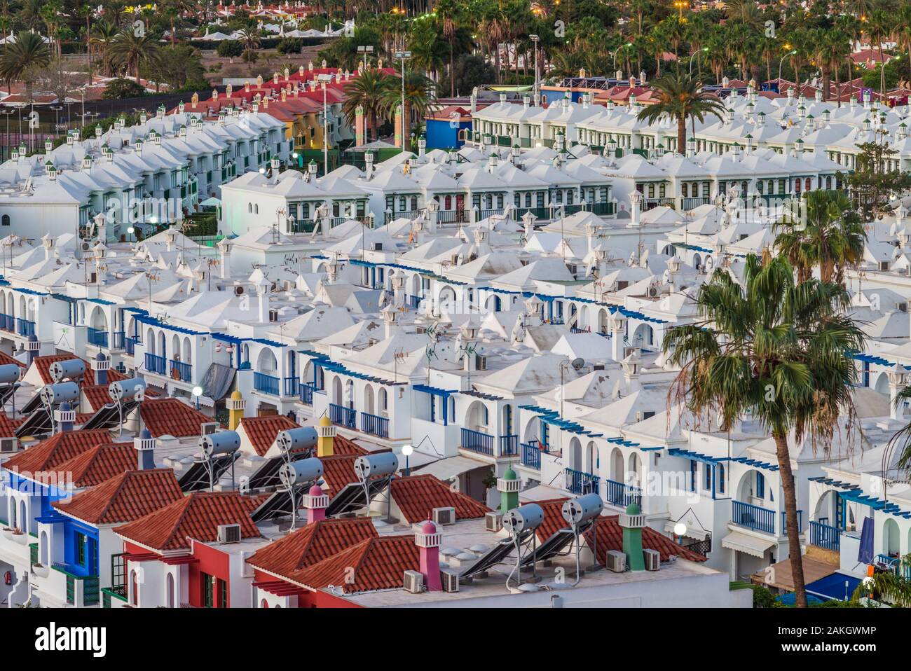 Spain, Canary Islands, Gran Canaria Island, Maspalomas, of resort town, dawn Stock Photo