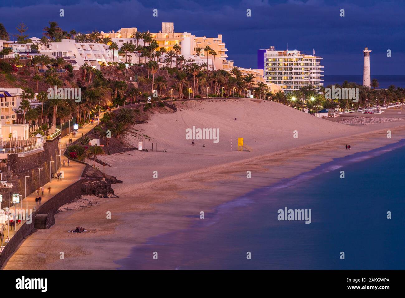 Spain, Canary Islands, Fuerteventura Island, Morro Jable, of Playa de la Cebada beach, dusk Stock Photo