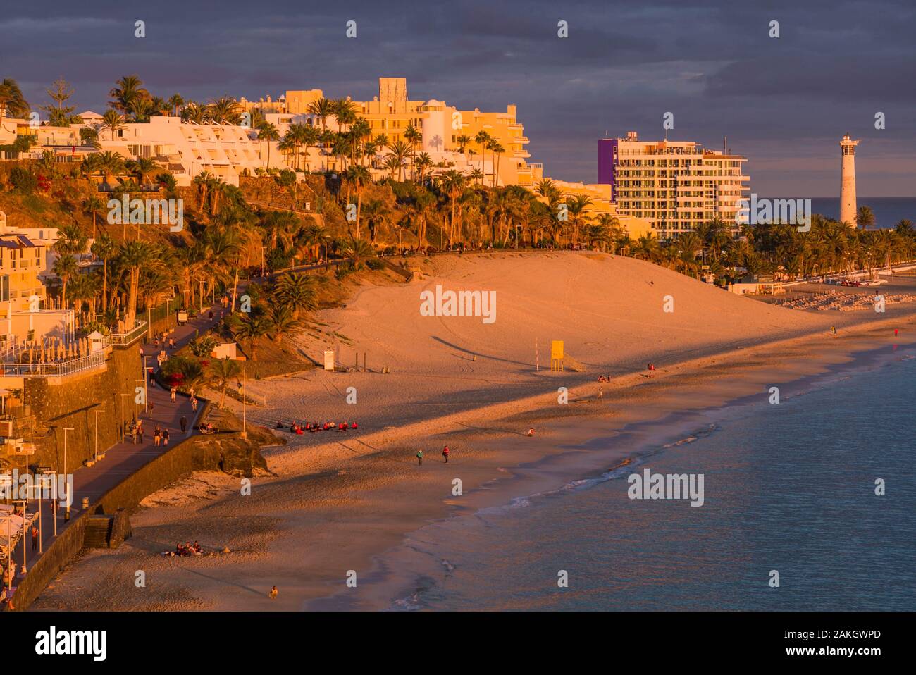 Spain, Canary Islands, Fuerteventura Island, Morro Jable, of Playa de la Cebada beach, sunset Stock Photo
