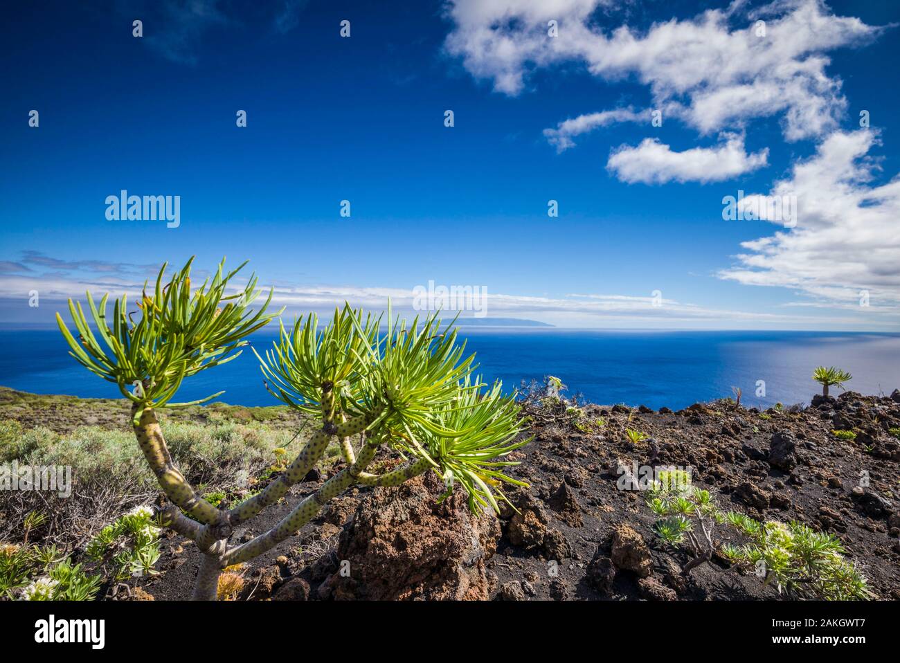 Spain, Canary Islands, La Palma Island, Fuencaliente de la Palma, Punta de Fuencaliente, volcanic landscape and view towards La Gomera Island Stock Photo