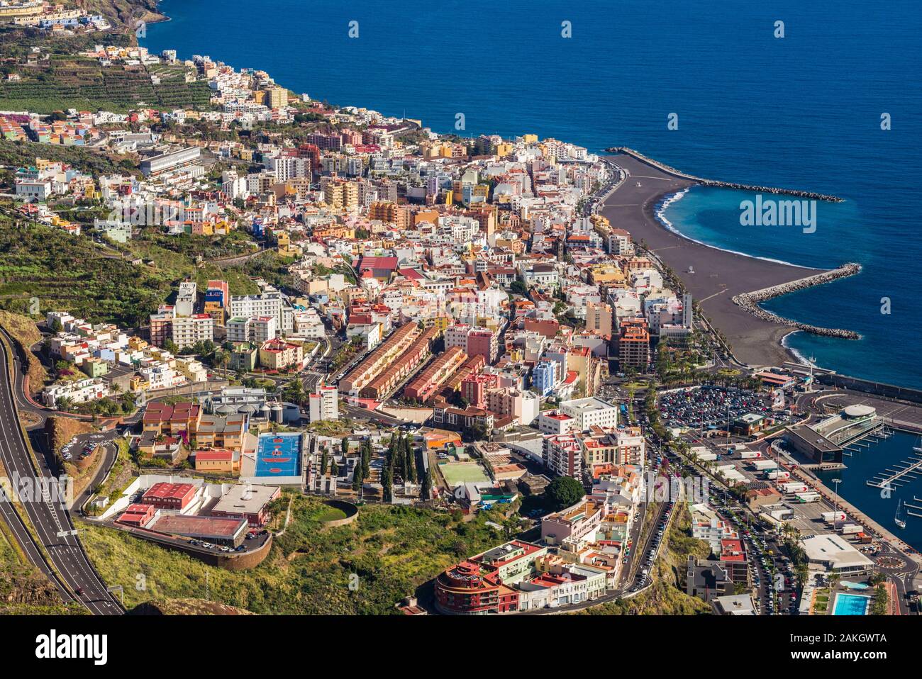 Spain, Canary Islands, La Palma Island, Santa Cruz de la Palma, elevated view from the Mirador de la Conceptcion Stock Photo