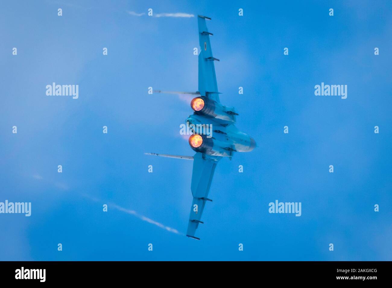 Fairford, Gloucestershire, UK - July 20th, 2019: Ex-Russian Soviet Cold War Ukrainian Sukhoi SU-27 Flanker Displays at the Fairford International Air Stock Photo