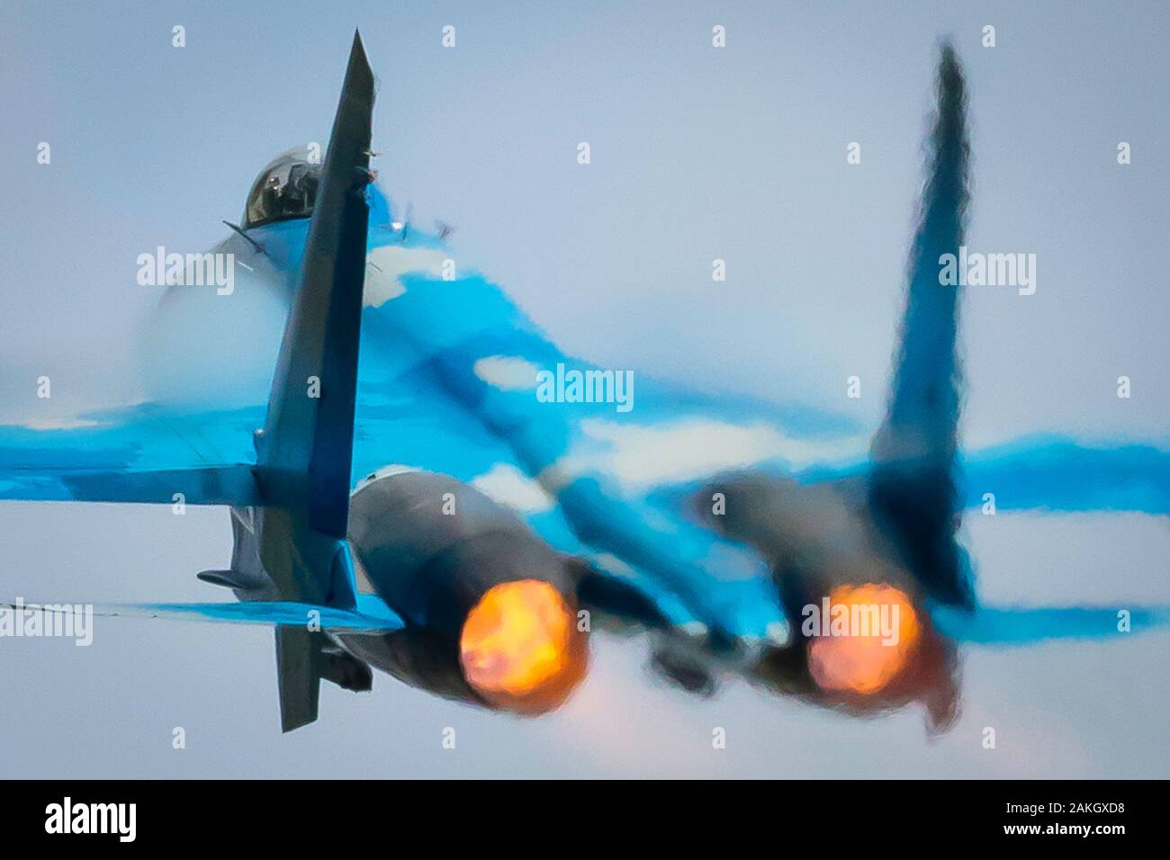 Fairford, Gloucestershire, UK - July 20th, 2019: Ex-Russian Soviet Cold War Ukrainian Sukhoi SU-27 Flanker Displays at the Fairford International Air Stock Photo