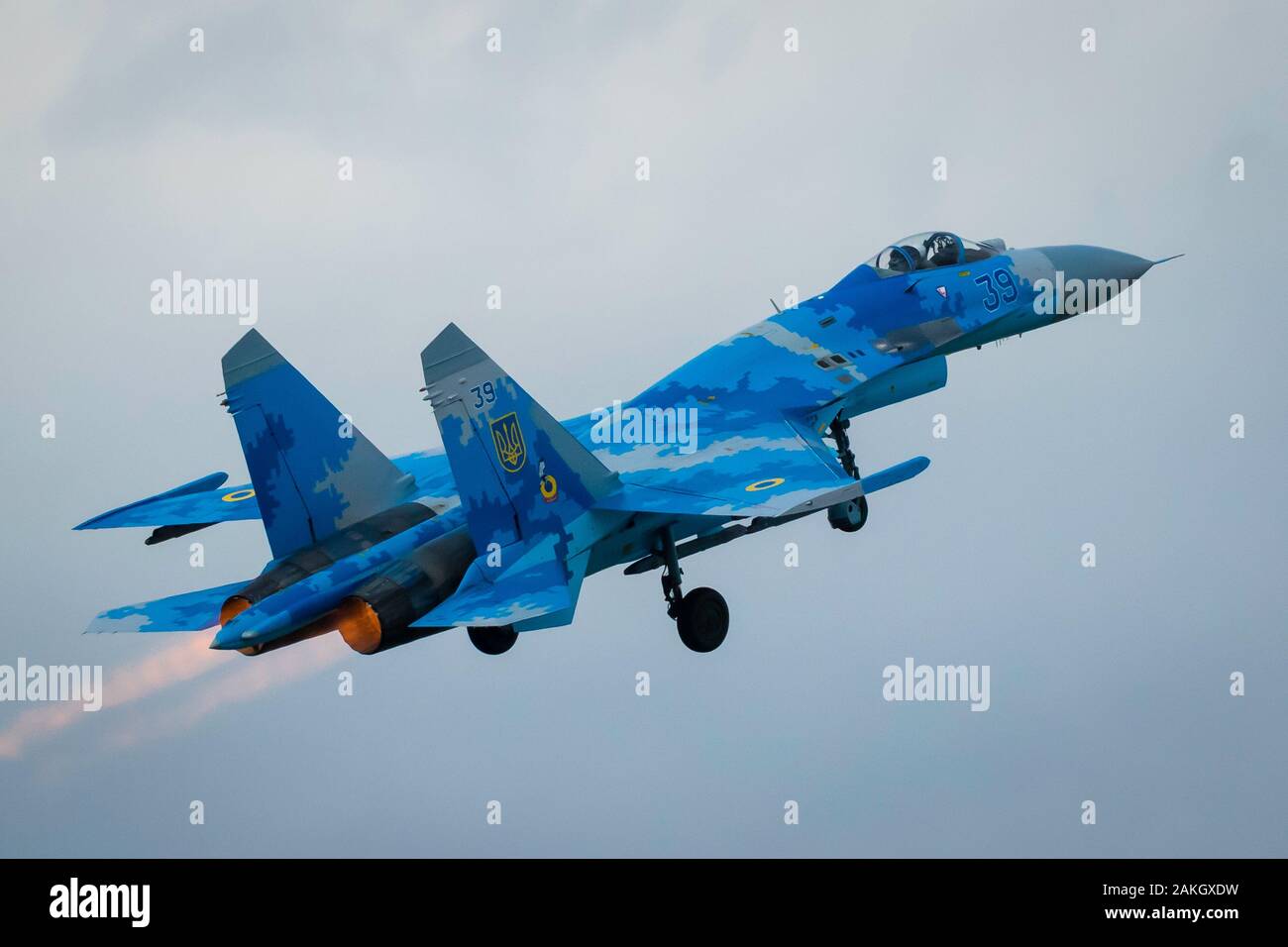 Fairford, Gloucestershire, UK - July 20th, 2019: Ex-Russian Soviet Cold War Ukrainian Sukhoi SU-27 Flanker Displays at the Fairford International Air Stock Photo