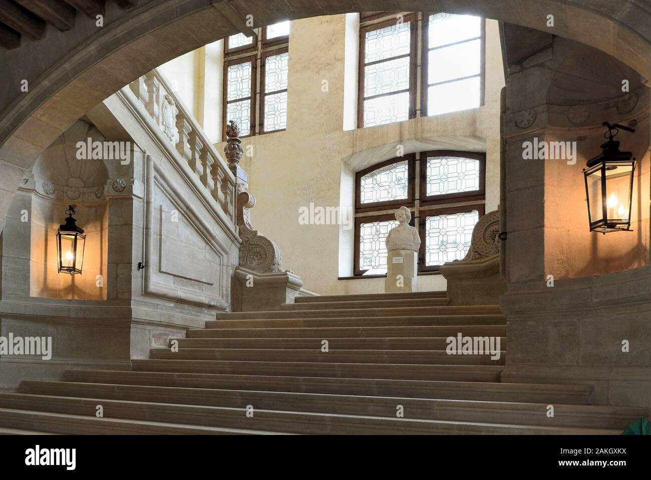 France, Dordogne (24), Black Perigord area, Hautefort castle, interior staircase Stock Photo