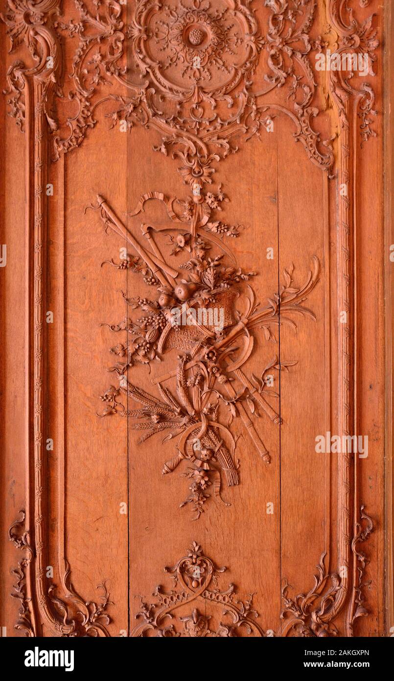 France, Yvelines, castle of Rambouillet, Panel of the woodwork of the Big Lounge the old study of the President of the republic Stock Photo