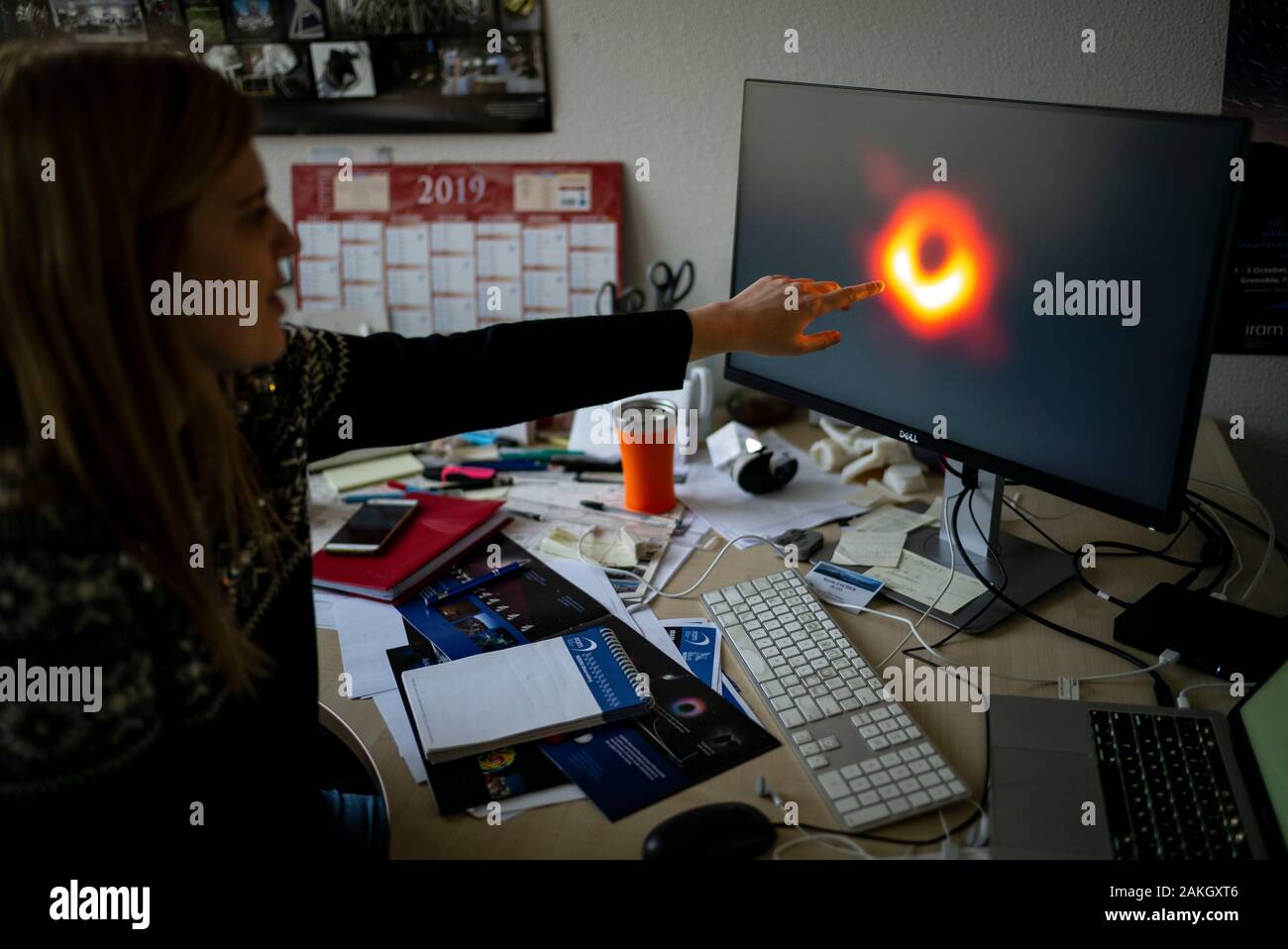 France, Isere, Saint Martin d'Heres, university field, Institute of  Millimetre Radio Astronomy, astronomer showing the very first image of a  black hole obtained from the Event Horizon Telescope (EHT), supermassive  black hole